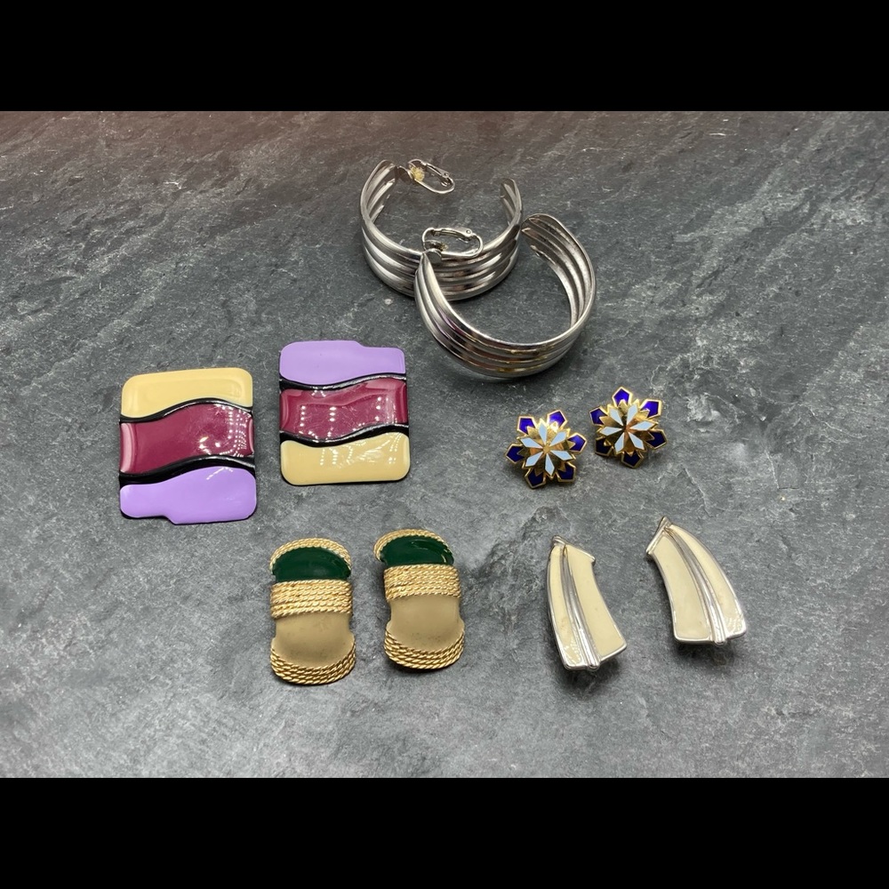 CLIP-ON Women’s Vintage Bundle 5x pairs earrings silver gold cloisonné